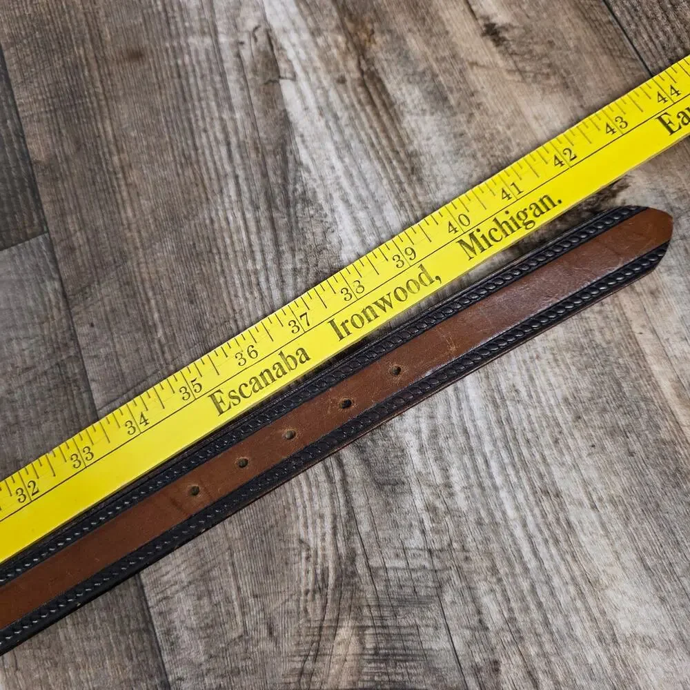 Vintage 80s BTS Leather Belt Brown Black Tooled Western Solid Brass Buckle